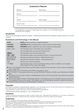 Page 22
Copyright
This manual is copyrighted by Matsushita Electric Industrial Co., Ltd. with all rights reserved.  No part of this manual may be reproduced in any
form without the prior written permission of Matsushita Electric Industrial Co., Ltd.
No patent liability is assumed with respect to the use of the information contained herein.
©2002 Matsushita Electric Industrial Co., Ltd.  All Rights Reserved.
Disclaimer
Computer specifications and manuals are subject to change without notice.  Matsushita...