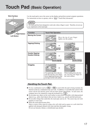 Page 1717
Operation
Function
Touch Pad (Basic Operation)
Use the touch pad to move the cursor on the display and perform normal computer operations.
For instructions on how to operate, refer to  
 "Touch Pad (Advanced)".
If a key combination such as   Fn   +   F5   is used while the pad is being touched, the
function of the key combination may not work.  In addition, it is possible that control of the
cursor will be lost and the cursor will not show proper movements.  In such cases, the
computer has to...