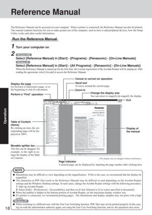 Page 1818
Operation
Reference Manual
1Turn your computer on
2Windows 2000
Select [Reference Manual] in [Start] - [Programs] - [Panasonic] - [On-Line Manuals]
Windows XP
Select [Reference Manual] in [Start] - [All Programs] - [Panasonic] - [On-Line Manuals]
When the Reference Manual is started up for the first time, the License Agreement of the Acrobat Reader will be displayed. After
reading the agreement, select [Accept] to access the Reference Manual.
Run the Reference Manual
The Reference Manual can be...