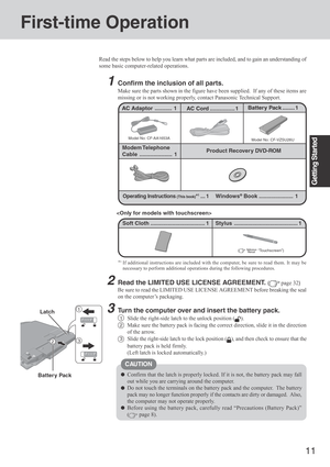 Page 1111
Getting Started
Read the steps below to help you learn what parts are included, and to gain an understanding of
some basic computer-related operations.
1Confirm the inclusion of all parts.
Make sure the parts shown in the figure have been supplied.  If any of these items are
missing or is not working properly, contact Panasonic Technical Support.
Confirm that the latch is properly locked. If it is not, the battery pack may fall
out while you are carrying around the computer.
Do not touch the terminals...