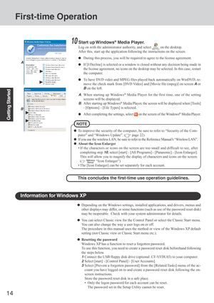 Page 1414
Getting Started
Depending on the Windows settings, installed applications, and drivers, menus and
other displays may differ, or some functions (such as use of the password reset disk)
may be inoperable.  Check with your system administrator for details.
You can select Classic view for the Control Panel or select the Classic Start menu.
You can also change the way a user logs on or off.
The procedure in this manual uses the method or view of the Windows XP default
setting (not Classic view or Classic...