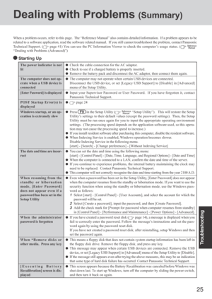 Page 2525
Troubleshooting
Dealing with Problems (Summary)
The power indicator is not
lit
The computer does not op-
erate when a USB device is
connected
[Enter Password] is displayed
POST Startup Error(s) is
displayed
Windows startup, or an op-
eration is extremely slow
The date and time are incor-
rect
When resuming from the
standby or hibernation
mode, [Enter Password]
does not appear even if a
password has been set in the
Setup Utility
When the administrator
password is forgotten
When “Remove disks or
other...
