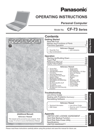 Page 1
Personal Computer
OPERATING INSTRUCTIONS
Appendix
LIMITED USE LICENSE AGREEMENT ........ 32
Hard Disk Backup Function ............................ 34
Hard Disk Data Erase Utility ........................... 38
Specifications ................................................. 39
LIMITED WARRANTY .................................... 42
Troubleshooting
List of Error Codes.........................................24
Dealing with Problems (Summary) .......................25
Reinstalling Software...