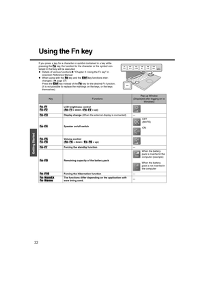 Page 2222
Getting Started
Using the Fn key
If you press a key for a character or symbol contained in a key while 
pressing the 
Fn key, the function for the character or the symbol con-
tained in that key will be executed.
zDetails of various functionsÎ “Chapter 2: Using the Fn key” in 
onscreen Reference Manual
zWhen using with the 
Fn key and the Ctrl key functions inter-
changed. (Îpage 27)
Press the 
Ctrl key instead of the Fn key for the desired Fn function.
(It is not possible to replace the markings on...