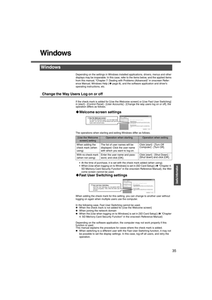 Page 3535
Operation
Useful Information
Windows
Depending on the settings in Windows installed applications, drivers, menus and other 
displays may be inoperable. In this case, refer to the items below, and the applied items 
from this manual, “Chapter 7: Dealing with Problems (Advanced)” in onscreen Refer-
ence Manual, Windows Help (Îpage 8), and the software application and driver’s 
operating instructions, etc.
Change the Way Users Log on or off
If the check mark is added for [Use the Welcome screen] or [Use...