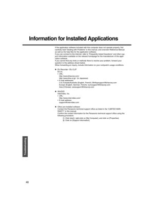 Page 4848
Getting Started Troubleshooting
Information for Installed Applications
If the application software included with this computer does not operate properly, first 
carefully read “Dealing with Problems” in this manual, and onscreen Reference Manual 
as well as the help files for the application software.
If you can connect to the Internet, refer to “Frequently Asked Questions” and other sup-
port information available on the relevant homepage for the manufacturer of the appli-
cation software.
If you...