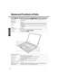 Page 1010
Preparations Getting Started
Names and Functions of Parts
NamesFunctions/Reference
AFunction KeysPress a key in combination with the 
Fn key to execute the function allocated to that 
key. Îpage 22
BKeyboard —
CTouch PadÎpage 21
DLatchWhen the display is closed and the latch is locked, the computer goes into standby or 
hibernation Mode. (Î “Chapter 2: Standby/Hibernation Functions” in onscreen Refer-
ence Manual) 
zWhen the computer is in standby or hibernation mode, open the display to restart...