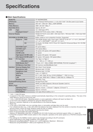 Page 4343
Appendix
Model No.
CPU/Cache
Memor y
Video Memor y
Hard Disk Drive
LCD Type
Displayed Colors*4
External Display
DVD-ROM & CD-R/RW Drive
Suppor ts DVD
CD
DVD-ROM read*8
CD-ROM read*8
CD-R write*9
CD-RW write
High-Speed CD-RW write
Ultra Speed CD-RW write*10
Slots PC Card Slot
Allowable current
RAM Module Slot*11
SD Memory Card Slot
Interface External Display Port
Microphone Jack
Headphone Jack
USB Por ts
Modem
LAN
Wireless LAN
Keyboard/Pointing Device
Sound
Batter y Pack
Operating Time*14
Charging...