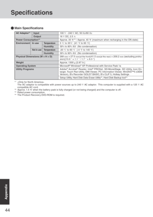 Page 4444
Appendix
AC Adaptor*1Input
Output
Power Consumption*2
Environment In useTemperature
Humidity
Not in useTemperature
Humidity
Physical Dimensions (W × H × D)
Weight
Operating System
Utility Programs100 V - 240 V AC, 50 Hz/60 Hz
16 V DC, 2.5 A
Approx. 35 W*3 / Approx. 40 W (maximum when recharging in the ON state)
5 °C to 35°C  {41 °F to 95 °F}
30% to 80% RH  (No condensation)
-20 °C to 60 °C  {-4 °F to 140 °F}
30% to 90% RH  (No condensation)
268 mm × 27.5 mm(at the front)/41.5 mm(at the rear) × 209.2...