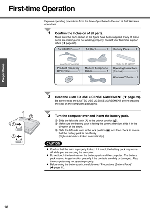 Page 1818
Preparations
First-time Operation
Explains operating procedures from the time of purchase to the start of first Windows 
operations.
1Confirm the inclusion of all parts.
Make sure the parts shown in the figure have been supplied. If any of these 
items are missing or is not working properly, contact your technical support 
office (Îpage 65).
2Read the LIMITED USE LICENSE AGREEMENT (Îpage 59).
Be sure to read the LIMITED USE LICENSE AGREEMENT before breaking 
the seal on the computer’s packaging.
3Turn...