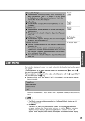 Page 3535
Getting Started
Set priorities (displayed in order from top to bottom) for devices that start up the operat-
ing system.
To move a device up by one in the order, select the device with the Ï
 key and the Ð 
key, and then press the 
F6 key.
To move a device down by one in the order, select the device with the Ï
 key and the Ð 
key, and then press the 
F5 key.
zPanasonic USB floppy disk drive (CF-VFDU03 (optional)) can be used for startup 
(recommended)
*1This is not displayed when [LAN] or [Boot up...