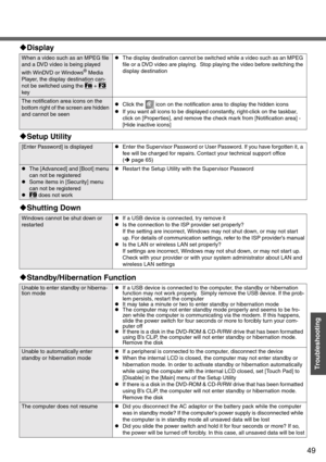 Page 4949
Troubleshooting
When a video such as an MPEG file 
and a DVD video is being played 
with WinDVD or Windows
® Media 
Player, the display destination can-
not be switched using the 
Fn + F3 
keyzThe display destination cannot be switched while a video such as an MPEG 
file or a DVD video are playing.  Stop playing the video before switching the 
display destination
The notification area icons on the 
bottom right of the screen are hidden 
and cannot be seenzClick the   icon on the notification area to...