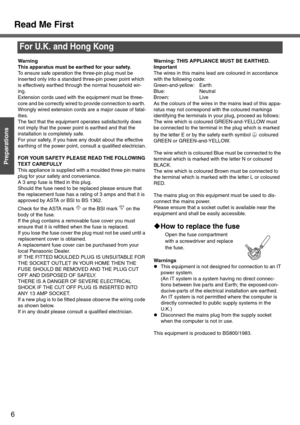 Page 66
Preparations
Read Me First
For U.K. and Hong Kong
Warning
This apparatus must be earthed for your safety.
To ensure safe operation the three-pin plug must be 
inserted only into a standard three-pin power point which 
is effectively earthed through the normal household wir-
ing.
Extension cords used with the equipment must be three-
core and be correctly wired to provide connection to earth. 
Wrongly wired extension cords are a major cause of fatal-
ities.
The fact that the equipment operates...