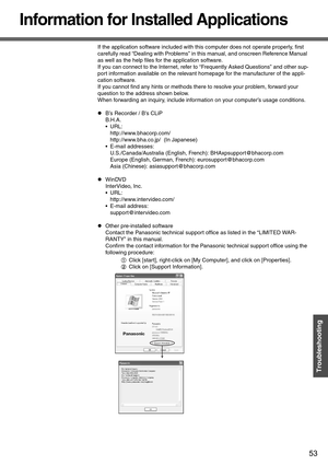 Page 5353
Troubleshooting
Information for Installed Applications
If the application software included with this computer does not operate properly, first 
carefully read “Dealing with Problems” in this manual, and onscreen Reference Manual 
as well as the help files for the application software.
If you can connect to the Internet, refer to “Frequently Asked Questions” and other sup-
port information available on the relevant homepage for the manufacturer of the appli-
cation software.
If you cannot find any...