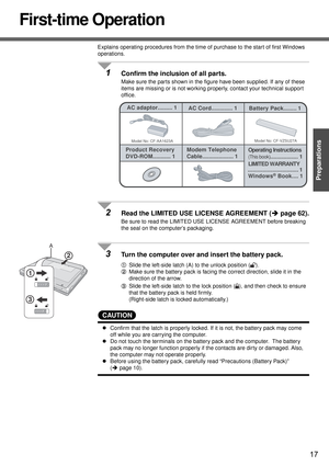 Page 1717
Preparations
First-time Operation
Explains operating procedures from the time of purchase to the start of first Windows 
operations.
1Confirm the inclusion of all parts.
Make sure the parts shown in the figure have been supplied. If any of these 
items are missing or is not working properly, contact your technical suppor t 
office.
2Read the LIMITED USE LICENSE AGREEMENT (Îpage 62).
Be sure to read the LIMITED USE LICENSE AGREEMENT before breaking 
the seal on the computer’s packaging.
3Turn the...