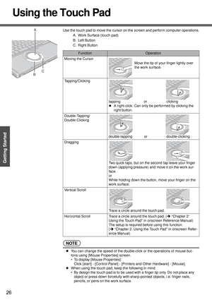 Page 2626
Getting Started
Using the Touch Pad
Use the touch pad to move the cursor on the screen and perform computer operations.
A. Work Surface (touch pad)
B. Left Button 
C. Right Button
NOTE
zYou can change the speed of the double-click or the operations of mouse but-
tons using [Mouse Proper ties] screen.
 To display [Mouse Properties]: 
Click [start] - [Control Panel] - [Printers and Other Hardware] - [Mouse].
zWhen using the touch pad, keep the following in mind.
 By design the touch pad is to be used...