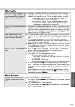 Page 4949
Troubleshooting
When resuming from the standby or 
hibernation mode, [Enter Password] 
does not appear even if a password 
has been set in the Setup UtilityzEven when a password has been set in the [Security] menu of the Setup 
Utility, [Enter Password] does not appear when the computer resumes from 
the standby or hibernation mode. Use the Windows password as follows:
AClick [start] - [Control Panel] - [User Accounts] and click the 
account for which the password will be set.
BAdd the check mark for...
