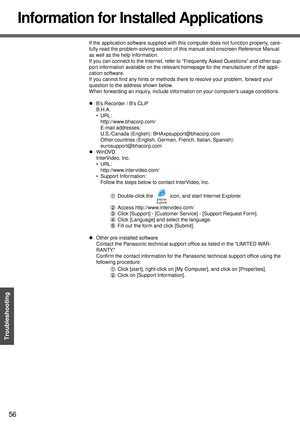 Page 5656
Getting Started Troubleshooting
Information for Installed Applications
If the application software supplied with this computer does not function properly, care-
fully read the problem-solving section of this manual and onscreen Reference Manual 
as well as the help Information.
If you can connect to the Internet, refer to “Frequently Asked Questions” and other sup-
port information available on the relevant homepage for the manufacturer of the appli-
cation software.
If you cannot find any hints or...