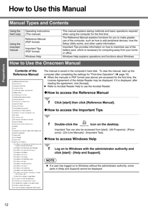 Page 12
12
Preparations
Getting Started
How to Use this Manual
The manual is saved in the computers hard disk.  To view the manual, start up the 
computer after completing the settings for First-time Operation ( Îpage 16).
z When the manuals in PDF format (see abov e) are accessed for the first time, the 
License Agreement of the Adobe Reader may be displayed. If it is displayed, after 
reading the agreement, click [Accept].
z Refer to Acrobat Reader Help to use the Acrobat Reader.
‹How to access the Reference...