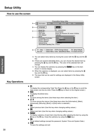 Page 30
Setup Utility
30
Getting Started
How to use the screen
A. You can select menu items by moving the cursor with the Í key and the Î 
key.
B. If there are several selectable items, you can choose the desired item by  pressing the  Ï
 key and the Ð key.  The color of  the selected item will 
change.
C. You can display the submenu by pressing the 
Enter key on the item 
shown in reverse display.
D. When the submenu is displayed, you can select items by pressing the  Ï
 
key and the  Ð
 key.
E. The keys that...