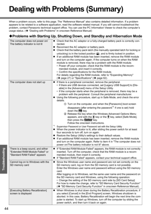 Page 44
44
Troubleshooting
Dealing with Problems (Summary)
When a problem occurs, refer to this page. The “Reference Manual” also contains detailed information. If a problem 
appears to be related to a  software application, read the  software related manual. If you still cannot troubleshoot the 
problem, contact Panasonic technical support office. You can  use the PC Information Viewer to check the computer’s 
usage status. ( Î “Dealing with Problems” in onscreen Reference Manual)
‹Problems with Starting Up,...