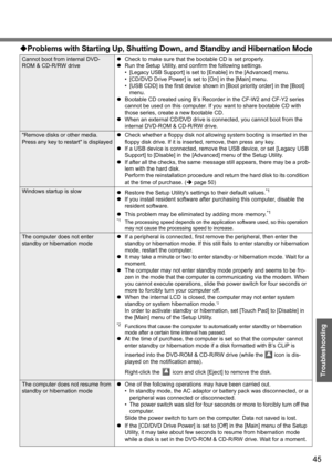 Page 45
45
Troubleshooting
Cannot boot from internal DVD-
ROM & CD-R/RW drivez
Check to make sure that the bootable CD is set properly.
z Run the Setup Utility, and co nfirm the following settings.
• [Legacy USB Support] is set to [Enable] in the [Advanced] menu.
• [CD/DVD Drive Power] is set  to [On] in the [Main] menu.
• [USB CDD] is the first device shown in [Boot priority order] in the [Boot]  menu.
z Bootable CD created using B’s Recorder in the CF-W2 and CF-Y2 series 
cannot be used on this computer. If...