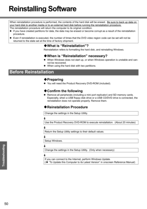 Page 5050
Troubleshooting
Reinstalling Software
‹What is “Reinstallation”? 
Reinstallation refers to formatting the hard disk, and reinstalling Windows.
‹When is “Reinstallation” necessary?
zWhen Windows does not start up, or when Windows operation is unstable and can-
not be recovered.
zWhen using the hard disk with two partitions.
‹Preparing
zYou will need the Product Recovery DVD-ROM (included).
‹Confirm the following
zRemove all peripherals (including a mini port replicator) and SD memory cards....