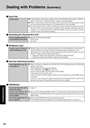 Page 3434
Troubleshooting
Dealing with Problems (Summary)
Some applications may not
work properly
 Fast User Switching Function
When switching to a different user with the Fast User Switching function, the following
problems may occur.
• Some applications may not work properly.
•
Key combination with   Fn    may not work.
• It may not be possible to set the settings of the display.
• The wireless LAN cannot be used.
• The B’s CLiP icon will no longer be shown on the notification area and CD-RW cannot be...