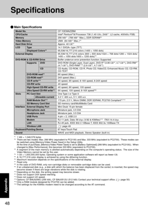 Page 4848
Appendix
Specifications
Model No.
CPU/Cache
Memory
Video Memory
Hard Disk Drive
LCD Type
Displayed Colors*5
External Display
DVD-ROM & CD-R/RW Drive
Supports DVD
CD
DVD-ROM read*9
CD-ROM read*9
CD-R write*10
CD-RW write
High-Speed CD-RW write
Ultra Speed CD-RW write*11
Slots PC Card Slot
Allowable current
RAM Module Slot*13
SD Memory Card Slot
Interface External Display Port
Microphone Jack
Headphone Jack
USB Ports
Modem
LAN
Wireless LAN
Keyboard/Pointing Device
Sound
*
11 MB = 1,048,576 bytes
*2There...