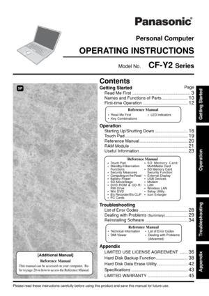 Page 1OPERATING INSTRUCTIONS
Personal Computer
Appendix
LIMITED USE LICENSE AGREEMENT .......36
Hard Disk Backup Function ...........................38
Hard Disk Data Erase Utility ..........................42
Specifications ................................................43
LIMITED WARRANTY ..................................45
Troubleshooting
List of Error Codes.........................................28
Dealing with Problems (Summary)...................29
Reinstalling Software...