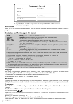 Page 22
Getting Started
Introduction
Thank you for purchasing the Panasonic computer.  Read the operating instructions thoroughly for proper operation of your new
computer.
Illustrations and Terminology in this Manual
Copyright
This manual is copyrighted by Matsushita Electric Industrial Co., Ltd. with all rights reserved.  No part of this manual may be
reproduced in any form without the prior written permission of Matsushita Electric Industrial Co., Ltd.
No patent liability is assumed with respect to the use...