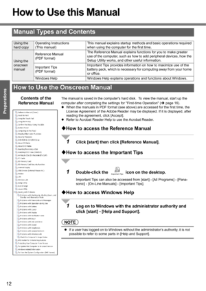 Page 1212
Preparations Getting Started
How to Use this Manual
The manual is saved in the computers hard disk.  To view the manual, start up the 
computer after completing the settings for First-time Operation (Îpage 16).
zWhen the manuals in PDF format (see above) are accessed for the first time, the 
License Agreement of the Adobe Reader may be displayed. If it is displayed, after 
reading the agreement, click [Accept].
zRefer to Acrobat Reader Help to use the Acrobat Reader.
‹How to access the Reference...