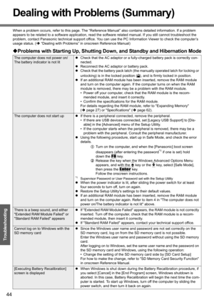 Page 4444
Troubleshooting
Dealing with Problems (Summary)
When a problem occurs, refer to this page. The “Reference Manual” also contains detailed information. If a problem 
appears to be related to a software application, read the software related manual. If you still cannot troubleshoot the 
problem, contact Panasonic technical support office. You can use the PC Information Viewer to check the computer’s 
usage status. (Î “Dealing with Problems” in onscreen Reference Manual)
‹Problems with Starting Up,...