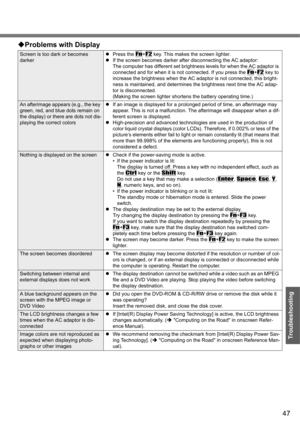 Page 4747
Troubleshooting
‹Problems with Display
Screen is too dark or becomes 
darkerzPress the Fn+F2 key. This makes the screen lighter.
zIf the screen becomes darker after disconnecting the AC adaptor:
The computer has different set brightness levels for when the AC adaptor is 
connected and for when it is not connected. If you press the 
Fn+F2 key to 
increase the brightness when the AC adaptor is not connected, this bright-
ness is maintained, and determines the brightness next time the AC adap-
tor is...