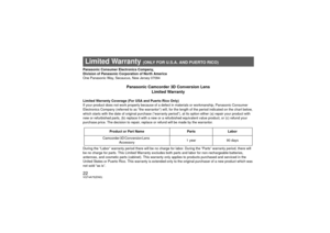 Page 2222VQT4A75(ENG)Panasonic Consumer Electronics Company, 
Division of Panasonic Corporation of North America 
One Panasonic Way, Secaucus, New Jersey 07094
Panasonic Camcorder 3D Conversion Lens Limited Warranty
Limited Warranty Coverage (For USA and Puerto Rico Only) 
If your product does not work properly because of a def ect in materials or workmanship, Panasonic Consumer 
Electronics Company (referred to as “the warrantor”) will, fo r the length of the period indicated on the chart below, 
which starts...