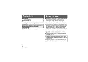 Page 3030VQT4A75(LSP)Antes de usar  ........................................................ 30Para evitar fallas ............................................... 31
Precauciones de uso ............................................. 32
Accesorios ............................................................. 35
Nombres y funciones de los principales 
componentes.......................................................... 36
Colocar/extraer la lente en/de la videocámara.... 38
Ajuste la posición de sujeción y...