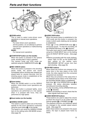 Page 15[ZOOM switch
This is used to select motor-driven zoom
operations or manual zoom operations.
SERVO:
For motor-driven zoom operations
(At this position, do not attempt to perform
manual zoom operations or malfunctioning
may result.)
MANU:
For manual zoom operations
\START/STOP button (on the handle)
When this button is pressed in the camera
mode, shooting start or stop is selected.
The camera mode and VCR mode are
switched using the CAMERA/VCR button >.
]REC CHECK button
When this button is pressed in the...