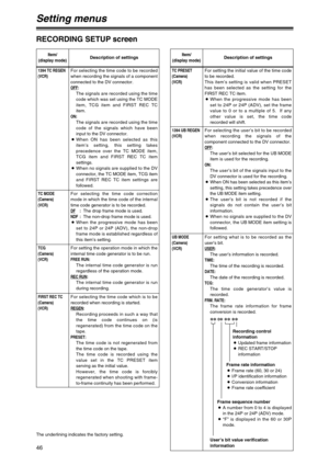 Page 4646
Item/
(display mode)Description of settings
1394 UB REGEN
(VCR)For selecting the user’s bit to be recorded
when recording the signals of the
component connected to the DV connector.
OFF:The user’s bit selected for the UB MODE
item is used for the recording.
ON:The user’s bit of the signals input to the
DV connector is used for the recording.
O
When ON has been selected as this item’s
setting, this setting takes precedence over
the UB MODE item setting.
OThe user’s bit is not recorded if the
signals do...