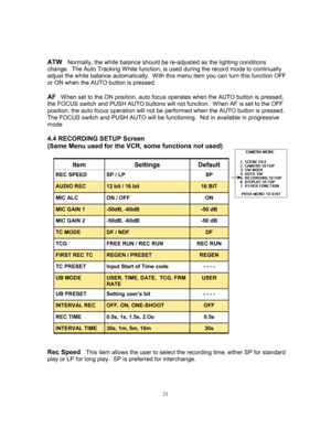Page 2121   
 
ATW   
Normally, the white balance should be re-adjusted as the lighting conditions 
change.  The Auto Tracking White function, is used during the record mode to continually 
adjust the white balance automatically.  W ith this menu item you can turn this function OFF 
or ON when the AUTO button is pressed. 
 
AF   When set to the ON position, auto focus operates when the AUTO button is pressed, 
the FOCUS switch and PUSH AUTO buttons will not function.  When AF is set to the OFF 
position, the...