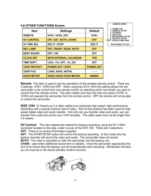 Page 2727 
 
4.6 OTHER FUNCTIONS Screen 
 
 
 
 
 
 
 
 
 
 
 
 
 
 
 
 
Remote  
This item is used to set the operations of the wireless remote control.  There are 
3 settings, VCR1, VCR2 and OFF.  When using two DVX-100’s this setting allows the two 
camcorder to be control from one remote control, by selecting which camcorder you want to 
control from the remote control.  This item makes sure that only that one button (VCR1 or 
VCR2) will operate this camcorder from the remote control.  OFF the remote will...