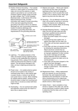 Page 44
Important Safeguards
13. Outdoor Antenna Grounding — If an outside
antenna or cable system is connected to the
video unit, be sure the antenna or cable
system is grounded so as to provide some
protection against voltage surges and built-
up static charges. Part 1 of the Canadian
Electrical Code, in USA Section 810 of the
National Electrical Code, provides
information with respect to proper grounding
of the mast and supporting structure,
grounding of the lead-in wire to an antenna
discharge unit, size...
