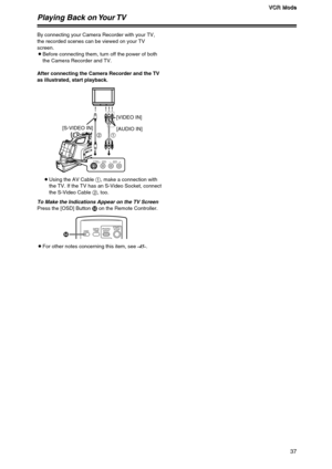 Page 37V V V V
C C C C
R R R R
   
M M M M
o o o o
d d d d
e e e e
37
V
V V V
C C C C
R R R R
   
M M M M
o o o o
d d d d
e e e e
Playing Back on Your TV
By connecting your Camera Recorder with your TV,
the recorded scenes can be viewed on your TV
screen.
OBefore connecting them, turn off the power of both
the Camera Recorder and TV.
After connecting the Camera Recorder and the TV
as illustrated, start playback.
To Make the Indications Appear on the TV Screen
Press the [OSD] Button eon the Remote Controller....