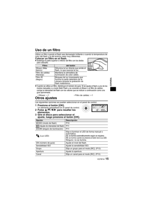 Page 1515VQT5F44
ESPAÑOL
Uso de un filtro
Utilice un filtro cuando el flash sea demasiado brillante o cuando la temperatura de 
color del flash y la del entorno sean muy diferentes.
Colocar un filtro en el flash.≥Sostenga la parte superior e inferior del filtro con los dedos 
para colocarlo.
≥Cuando se utiliza un filtro, disminuye el número de guía. Si se ajusta el flash a uno de los 
modos manuales o a modo Multi Flash y se conectan el difusor o el filtro de calidez, 
corrige la intensidad del flash con los...
