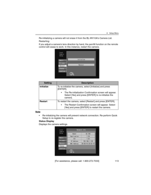 Page 1136 Setup Menu
[For assistance, please call: 1-800-272-7033] 113
Re-initializing a camera will not erase it from the BL-WV10A's Camera List.
Restarting:
If you adjust a camera's lens direction by hand, the pan/tilt function on the remote 
control will cease to work. In this instance, restart the camera.
Note
• Re-initializing the camera will prevent network connection. Re-perform Quick 
Setup to re-register the camera.
Status Display
Displays the camera settings.
SettingDescription
InitializeTo...