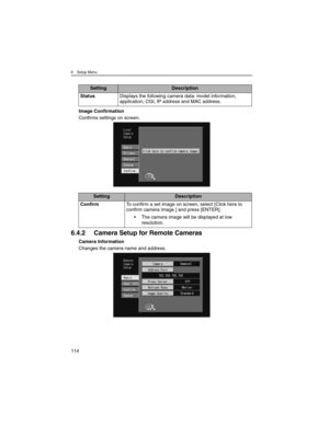 Page 1146 Setup Menu
114
Image Confirmation
Confirms settings on screen.
6.4.2 Camera Setup for Remote Cameras
Camera Information
Changes the camera name and address.
SettingDescription
StatusDisplays the following camera data: model information, 
application, CGI, IP address and MAC address.
SettingDescription
ConfirmTo confirm a set image on screen, select [Click here to 
confirm camera image.] and press [ENTER].
• The camera image will be displayed at low 
resolution. 