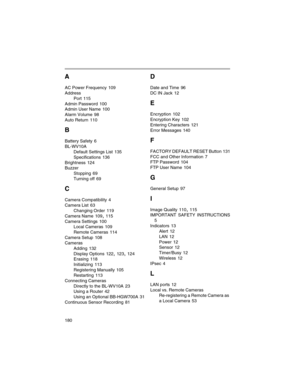 Page 180180
A
AC Power Frequency 109
Address
Port 115
Admin Password 100
Admin User Name
100
Alarm Volume 98
Auto Return 110
B
Battery Safety 6
BL-WV10A
Default Settings List 135
Specifications 136
Brightness 124
Buzzer
Stopping 69
Turning off 69
C
Camera Compatibility 4
Camera List 63
Changing Order
119
Camera Name 109
,115
Camera Settings 100
Local Cameras
109
Remote Cameras 114
Camera Setup 108
Cameras
Adding 132
Display Options 122
,123,124
Erasing
118
Initializing 113
Registering Manually 105
Restarting...