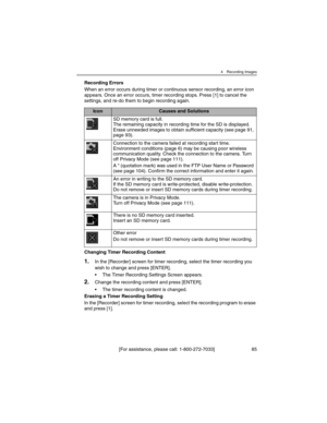 Page 854 Recording Images
[For assistance, please call: 1-800-272-7033] 85
Recording Errors
When an error occurs during timer or continuous sensor recording, an error icon 
appears. Once an error occurs, timer recording stops. Press [1] to cancel the 
settings, and re-do them to begin recording again.
Changing Timer Recording Content
1.In the [Recorder] screen for timer recording, select the timer recording you 
wish to change and press [ENTER].
• The Timer Recording Settings Screen appears.
2.Change the...