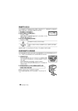 Page 98VQT4Q07 (TCH) 98
無線閃光設定
用支持無線模式的Panasonic數位相機時，無線控制可用。  有關無線閃光拍攝過程中
的數位相機的操作，請參閱數位相機的使用說明書。
1 將相機設定為無線模式。
2 將閃光燈設定為 [RC]模式。
“閃光模式 ” (P96)
 選擇了 [RC]時，按[MODE] ( 3)按鈕可以設定頻道。  再次按
[MODE] ( 3)按鈕會返回。
3使用閃光燈選擇頻道和群組。“其他設定 ” (P99)
通過操作相機，可以為各群組設定閃光模式、閃光調整和手動閃光調整。
放置無線閃光燈裝置
由於通過相機的閃光燈的光進行通訊，因此根據相機不同，閃光燈放置範圍也會有所
不同。  有關閃光燈放置範圍的詳情，請參閱相機的使用說明書。
1 安裝提供的座。朝與 [LOCK  1]圖示指示的方向相反的方向滑動鎖定開關
( 1) ，然後將閃光燈滑動到座上直到發出喀噠聲牢牢地到位
為止 (2) 。
 將鎖定開關滑動到 [LOCK 1]位置將閃光燈鎖住。
 要取下閃光燈， 朝與[LOCK  1]箭頭相反的方向滑動鎖，將
其從座中滑出。
2 將無線感測器 (A )朝向相機來放置閃光燈。
≥...
