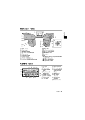 Page 7English
7 VQT5F44
Names of Parts
Control Panel
1Wide panel
2 Flash head
3 Wireless sensor
4 AF assist lamp/LED light
5 Flash sensor
6 Catch light plate
7 Control panel
8 [AUTO CHECK] lamp
9 [TEST/CHARGE] button/lamp:[OK] button
; Bounce unlock button
< [BACK LIGHT] button
= [ON/OFF] button
> Lock lever
? Dial
a ( 2): Flash intensity adjustment button
b ( 3): [MODE] button
c ( 1): LED light button
d ( 4): [ZOOM] button
1 FP firing
2 Flash mode
3 Guide number 
(GN)
4 Flash intensity 
adjustment
5 ZOOM...