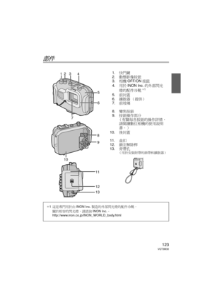 Page 123123VQT3M30
部件
1.快門鍵
2. 動態影像按鈕
3. 相機 OFF/ON 按鈕
4. 用於 INON Inc. 的外部閃光
燈的配件冷靴
¢ 1
5. 前封蓋
6. 擴散器 （提供）
7. 前玻璃
8. 變焦按鈕
9. 按鈕操作部分
（有關每各按鈕的操作詳情， 請閱讀數位相機的使用說明
書。）
10. 後封蓋
11. 盒扣
12. 鎖定解除桿
13. 背帶孔
（用於安裝附帶的掛帶和擴散器）
3
24
7
1
5
6
8
9
10
12
13
11
¢ 1 這是專門用於由 INON Inc.製造的外部閃光燈的配件冷靴。
關於相容的閃光燈，請諮詢 INON Inc.。 
http://www.inon.co.jp/INON_WORLD_body.html
DMW-MCFT3-VQT3M30.book  123 ページ  ２０１１年１月１３日　木曜日　午前１０時２２分 